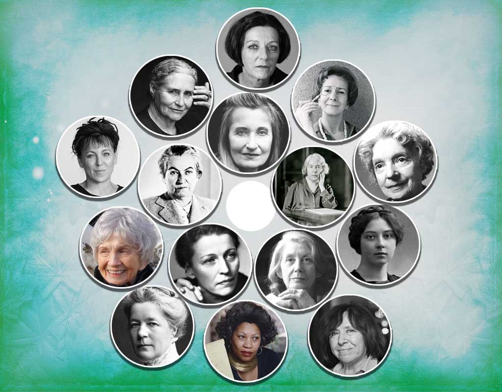 Headshots of 15 women who have won the Nobel Literature prize as of 2021.